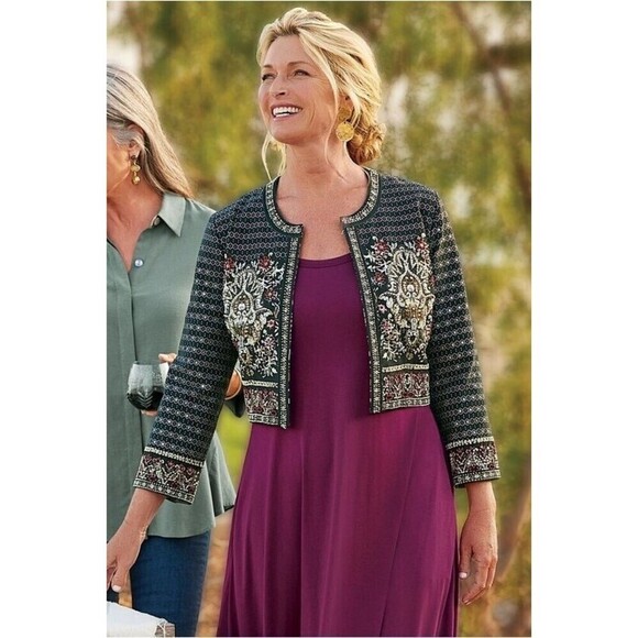 Soft Surroundings Women Mandala Bolero Jacket  Size M Beaded  Cropped Boho - Picture 1 of 7